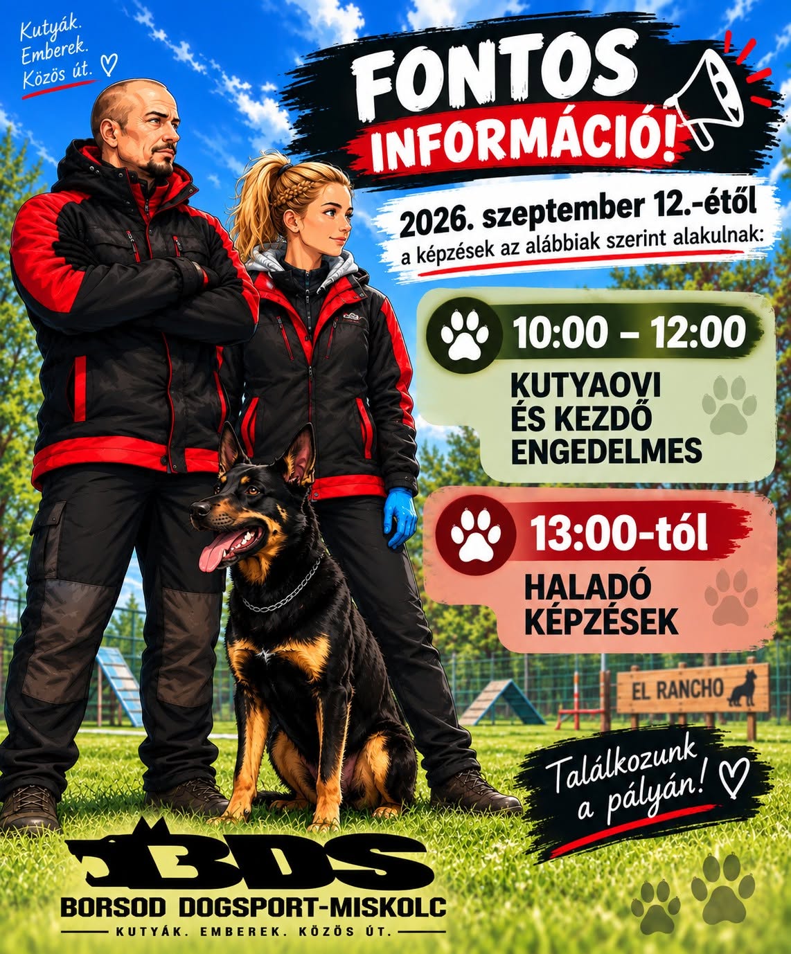 Borsod DogSport Miskolc tájékoztató plakát. 2026. szeptember 12-től a Kutyaovi és kezdő engedelmes képzések 10:00–12:00 között, a haladó képzések pedig 13:00-tól kezdődnek. A képen a Borsod DogSport két oktatója és egy kutya látható a kutyaiskola pályáján.